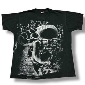 Vintage 90s Malcolm X AOP Tee Shirt USA Made Black Single Stitch Sz 3XL